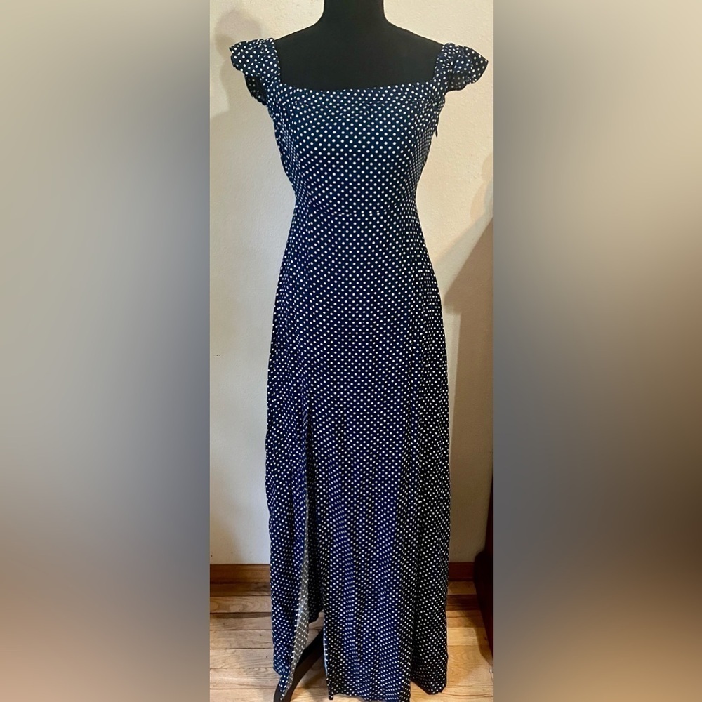 Lulus Dream Regency Nautical Blue Polka Dot Off-the-Shoulder Maxi Dress size Med - Picture 12 of 14